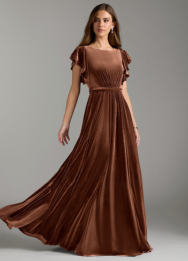 Azazie Daphne Vestidos de dama de honor modestos Vestido de Corte En A Con cinturón Hasta el suelo terciopelo image1