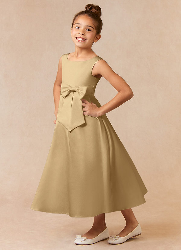 Azazie Lindy Flower Girl Dresses Gold A-Line Pleated Matte Satin Dress image1
