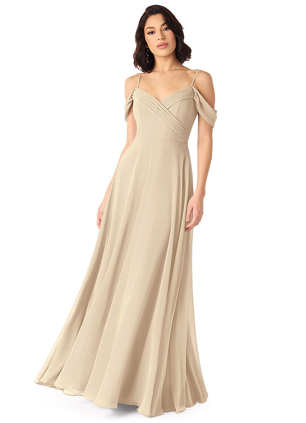 Azazie Tancie Bridesmaid Dresses Champagne A-Line Off the Shoulder Chiffon Convertible Dress image1