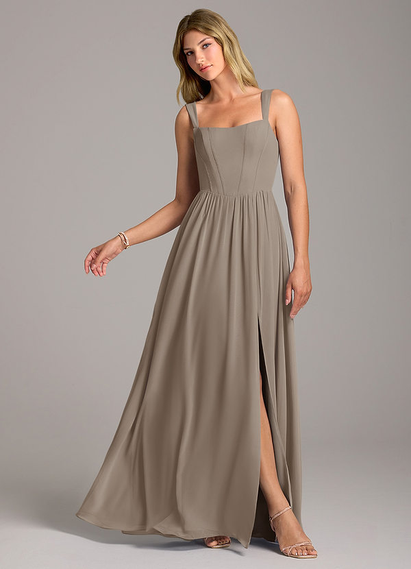 Azazie Rosaline Bridesmaid Dresses Taupe A-Line Side Slit Chiffon Dress image1