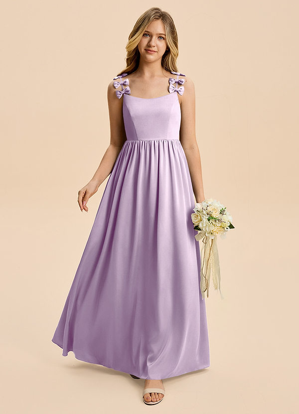 Azazie Poppy Junior Linia A Pofałdowany Satyna elastyczna Długość podłogi Młodsza druhna Sukienka image1