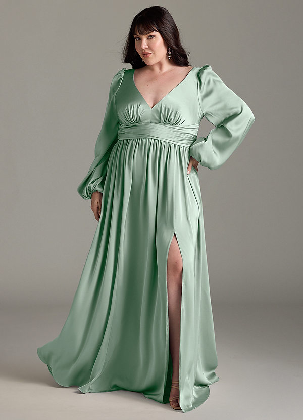 Azazie Norah Bridesmaid Dresses Agave A-Line Stretch Satin Dress image1