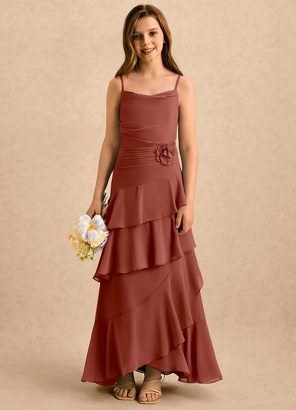Azazie Indiah Girls Formal Sukienki dla dziewczynek sypiących kwiaty Linia A Marszczony Szyfon Długość podłogi Sukienka image1