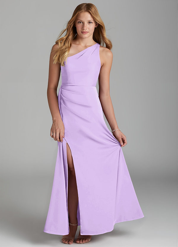 Azazie Maron Junior Lilac A-Line Pleated Stretch Satin Dress image1