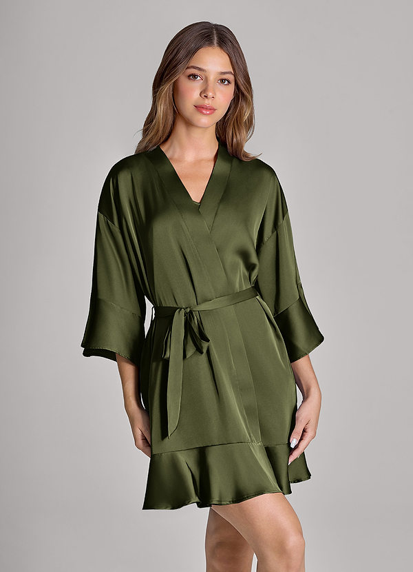 front Olive Ruffled Satin Robe