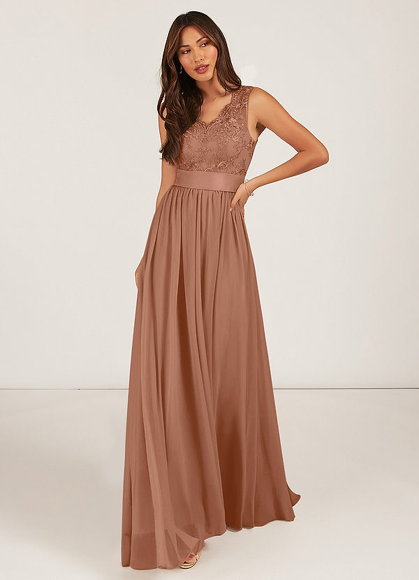Azazie Gertrude Bridesmaid Dresses Bronzer A-Line Lace Chiffon Dress image1