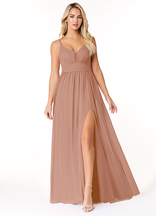 Azazie Rayna Bridesmaid Dresses Champagne Rose A-Line V-Neck Pleated Chiffon Dress image1
