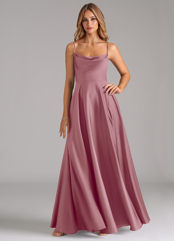 Azazie Elle Robes de demoiselle d'honneur Robe Trapèze en Satin extensible Plissée Mauve Vintage image1