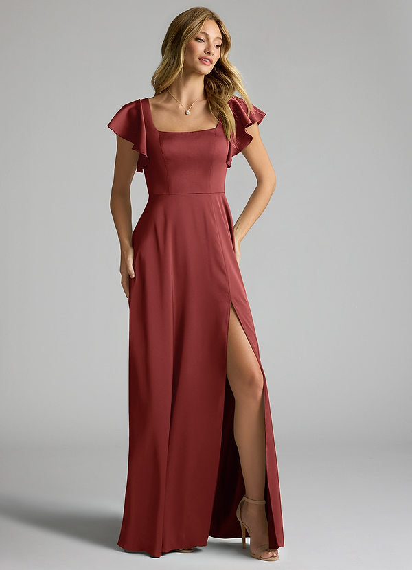 Azazie Bondi Bridesmaid Dresses Terracotta A-Line Bow Stretch Satin Dress image1