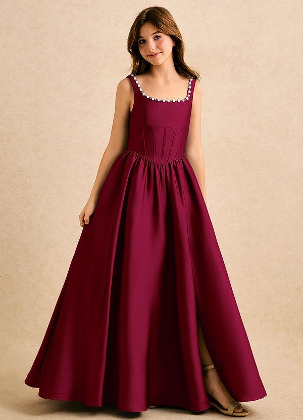 Azazie Enid Girls Formal Blomsterpigekjoler A-Line Perlebesat Stræk satin Gulv-længde Kjole image1