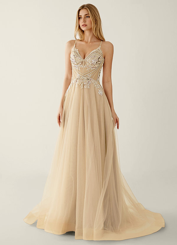 Celestyn Champagner Strass-Pailletten-Stickerei Tüll-Abendkleid image1