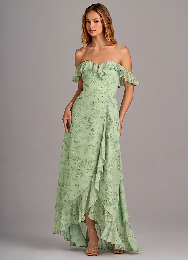 Azazie Lyra Robes Demoiselle d'honneur Robe Trapèze Convertible en Mousseline de soie Fougère Verte Florale image1