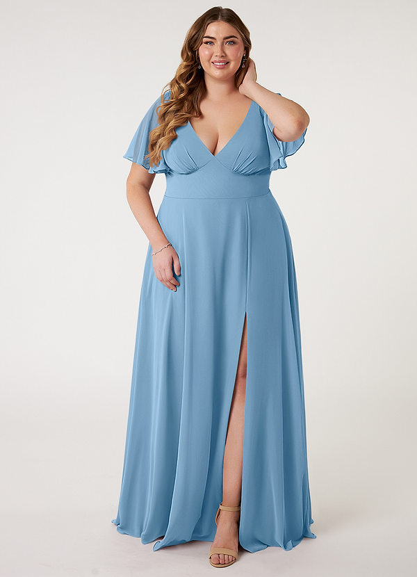 Azazie Kimber Bridesmaid Dresses Steel Blue A-Line Flounce Sleeve Chiffon Dress image1