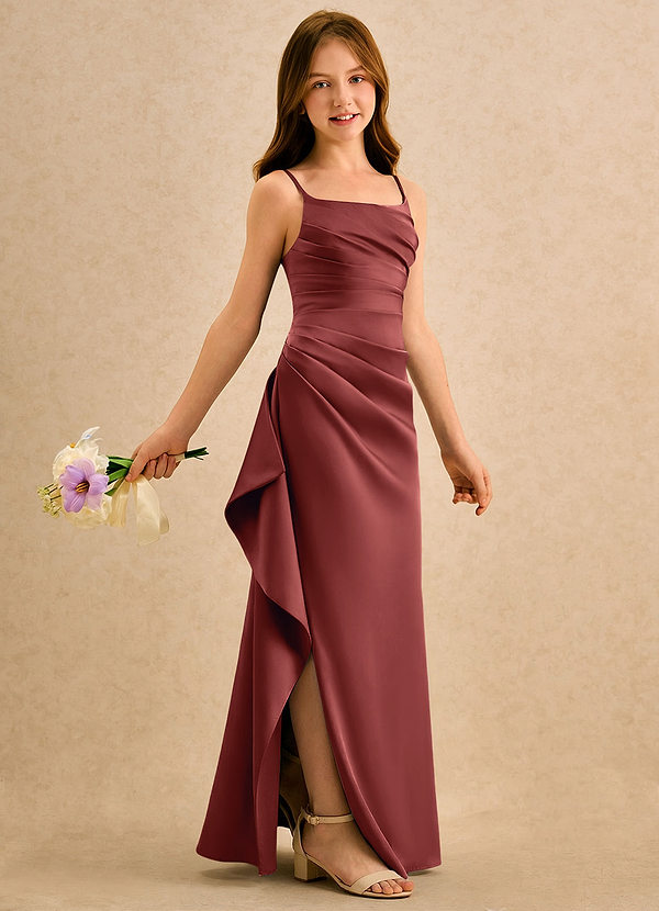 Azazie Cannoli Girls Formal Flower Girl Dresses Terracotta A-Line Pleated Stretch Satin Dress image1
