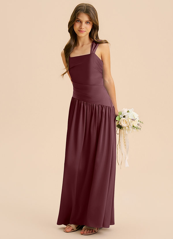 Azazie Dotty Junior Sangria A-Line Pleated Stretch Satin Dress image1