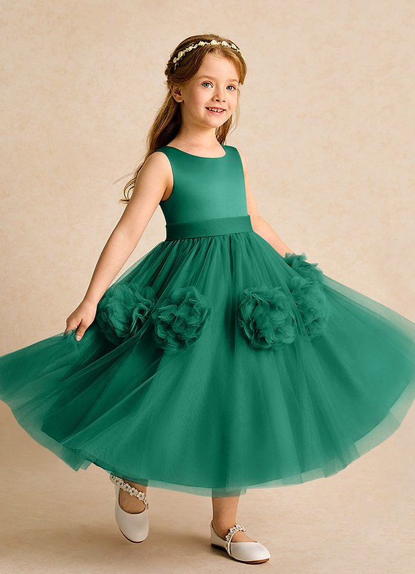 Azazie Vola Robes de Fillette d'Honneur Robe Princesse en Tulle Sans manches émeraude image1