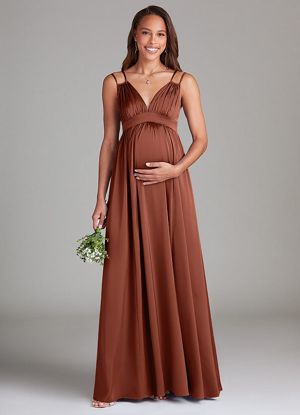 Azazie Emree Maternity Bridesmaid Dresses A-Line Stretch Satin Floor-Length Dress with Pockets image1