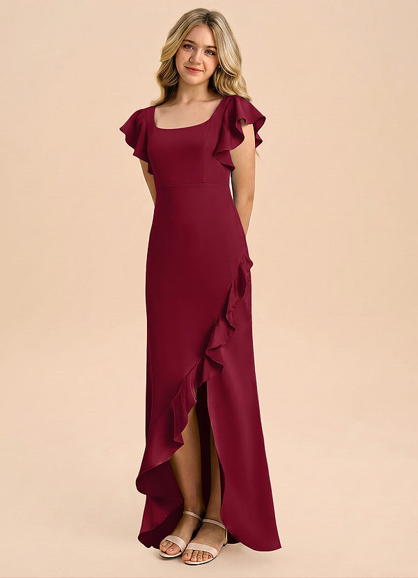Azazie Demi Junior Vestido de Borgoña de Satén Elástico de Corte Sirena con Lazo image1