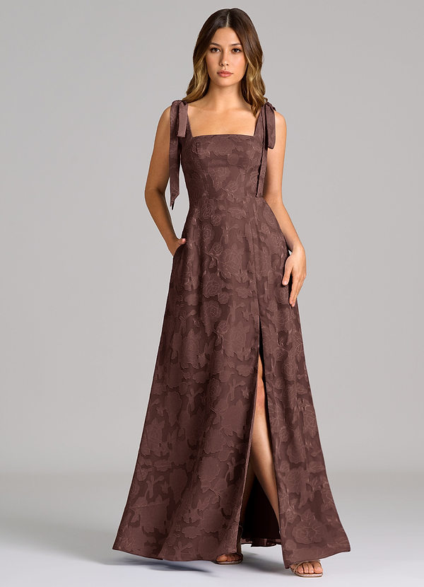 Azazie Debra Bridesmaid Dresses Espresso A-Line with Pockets Floral Burnout Dress image1
