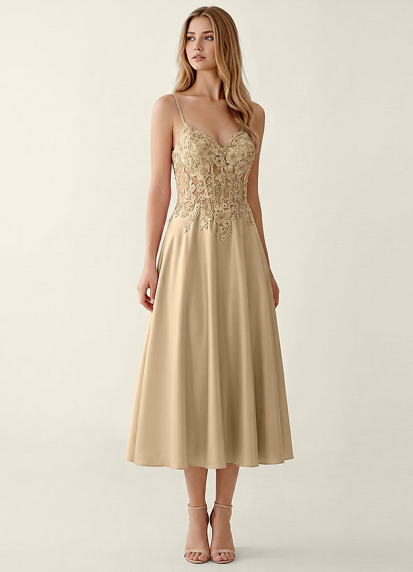 Corinna Champagne Satin Lace Corset A-line Maxi Dress image1