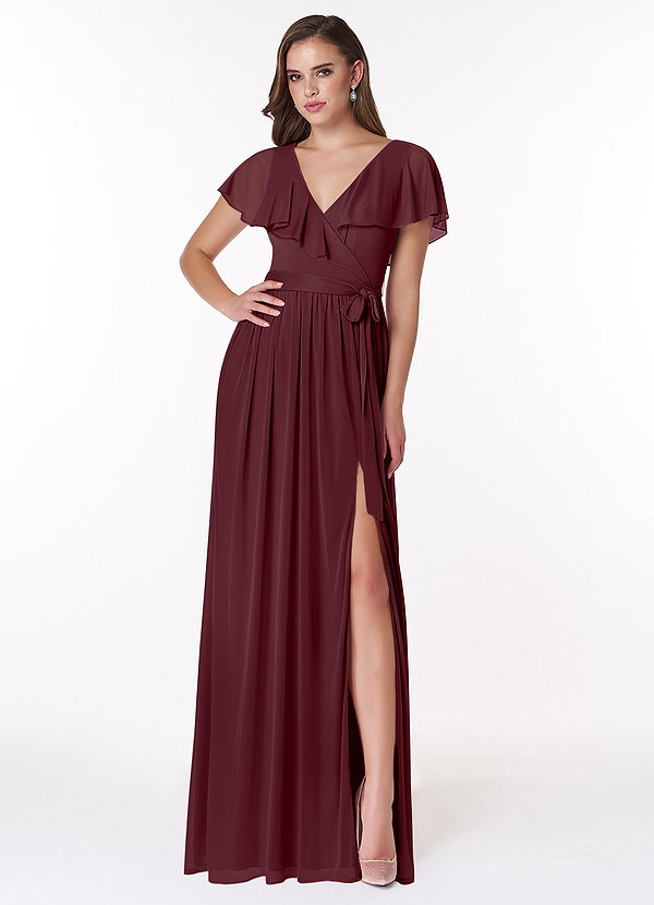 Azazie Jael Bridesmaid Dresses Cabernet A-Line V-Neck Mesh Dress image1