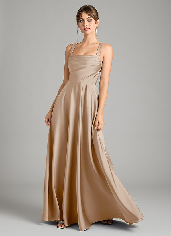 Azazie Shaude Bridesmaid Dresses Taupe A-Line Pleated Stretch Satin Dress image1