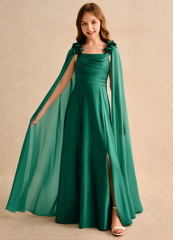 Azazie Rosita Girls Formal 플라워 걸 드레스 A라인 주름진 매트 새틴 플로어 길이 드레스 image1