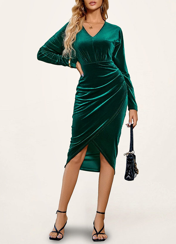 front Coolidge Dark Emerald Velvet Long Sleeve Tulip Dress