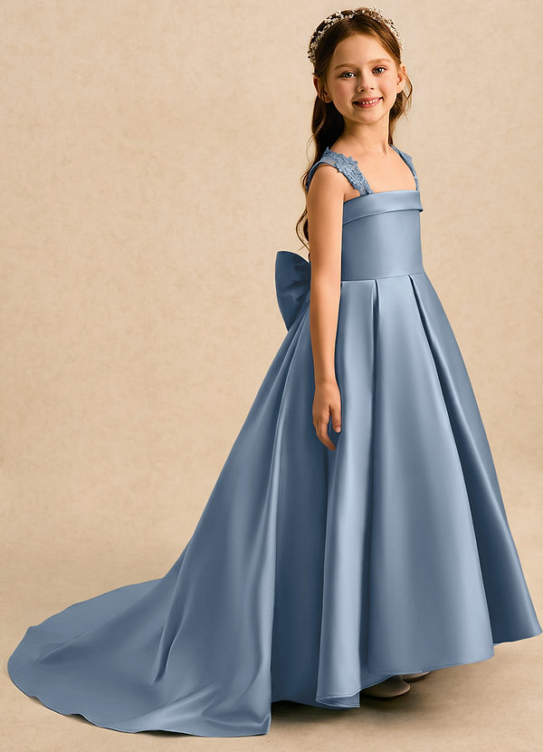 Azazie Genie Flower Girl Dresses Dusty Blue Ball-Gown Off the Shoulder Matte Satin Dress image1