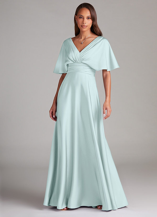 Azazie Pamela Robes Demoiselle d'honneur Robe Trapèze en Satin extensible Plissée Verre De Mer image1