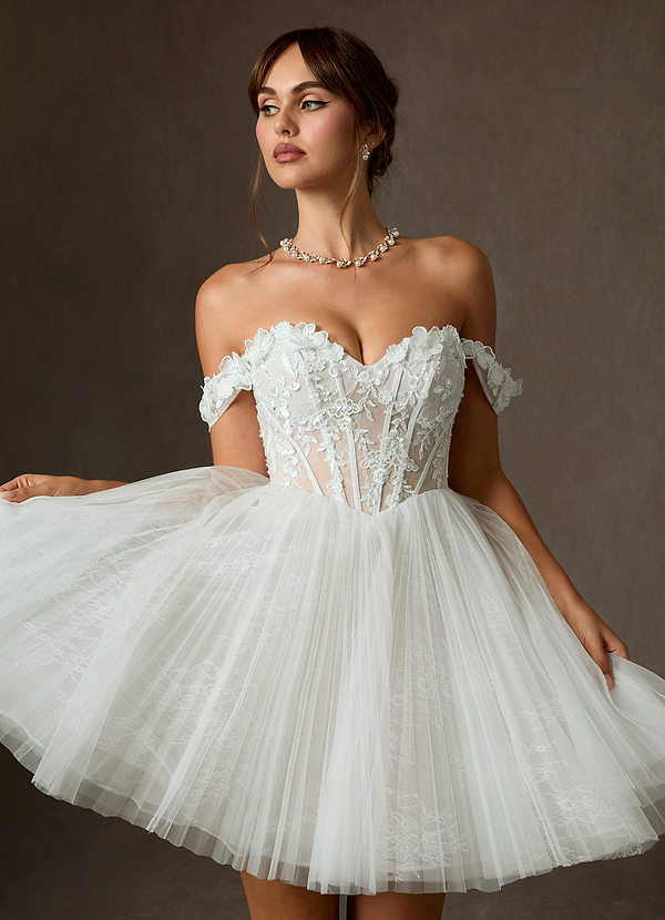 Azazie Sorel Wedding Dresses Diamond White Ball-Gown Off the Shoulder Lace Dress image1