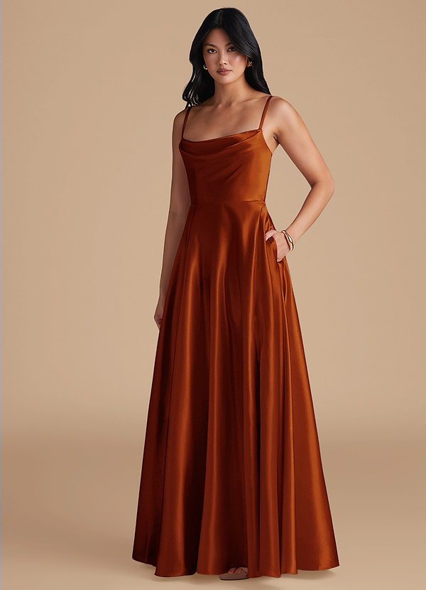 Azazie Elle Bridesmaid Dresses Auburn A-Line with Pockets Metallic Satin Dress image1