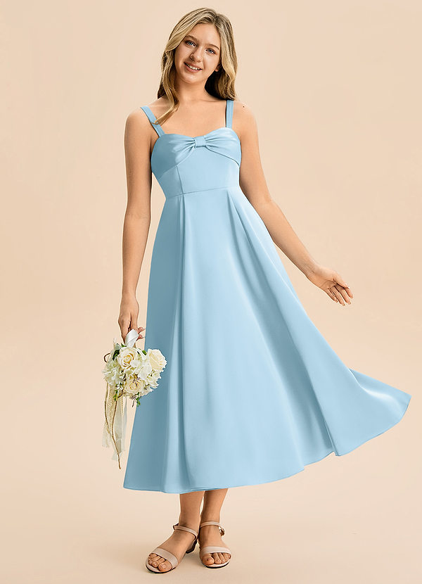 Azazie Ramona Junior Vestido de Azul Cielo de Satén Elástico de Corte en A con Escote de Corazón image1