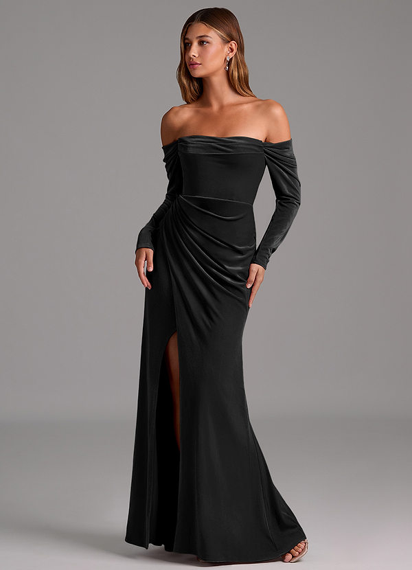 Azazie Hallie Vestidos Dama de Honor Vestido de Negro de terciopelo de Corte Sirena Convertible con Manga larga image1