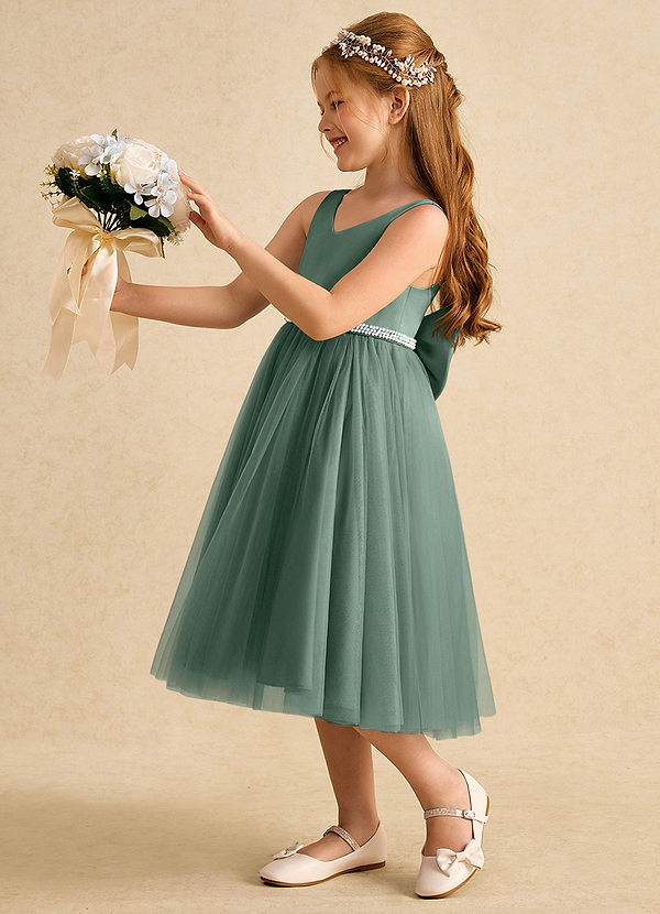 Azazie Firefly Vestidos de Niña de Flores Vestido de Eucalipto de Satin Mate de Corte En A con Lazo image1
