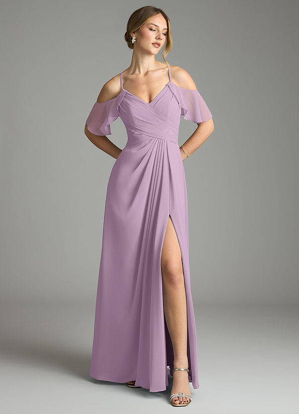 Azazie Dakota Bridesmaid Dresses Wisteria A-Line V-Neck Pleated Chiffon Dress image1