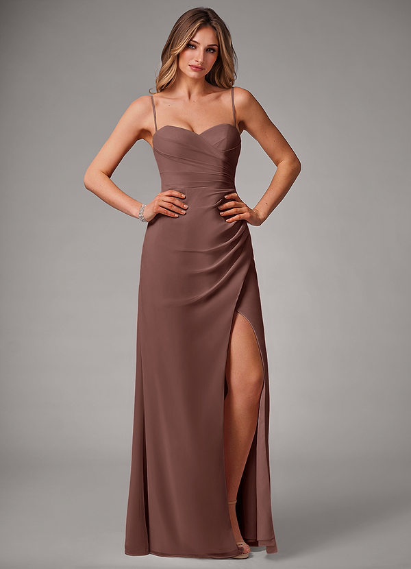 Azazie Haisley Bridesmaid Dresses Espresso Sheath Off the Shoulder Chiffon Convertible Dress image1