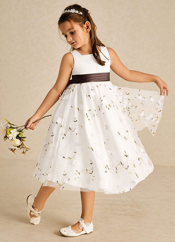 Azazie Pollie Vestidos de Niña de Flores Vestido de Marfil Ganache de Tul de Corte en A con Lazo image1