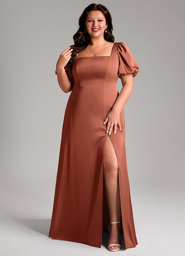 Azazie Fyona Vestidos Dama de Honor Vestido de Arcilla de Satén Elástico de Corte en A con Plisado image1