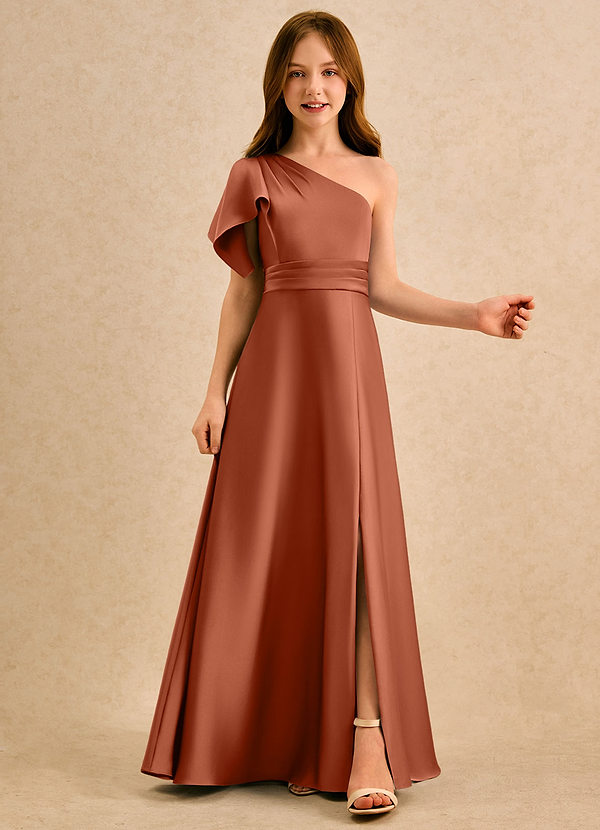 Azazie Jazzy Girls Formal Flower Girl Dresses Cedar Rose A-Line One Shoulder Stretch Satin Dress image1
