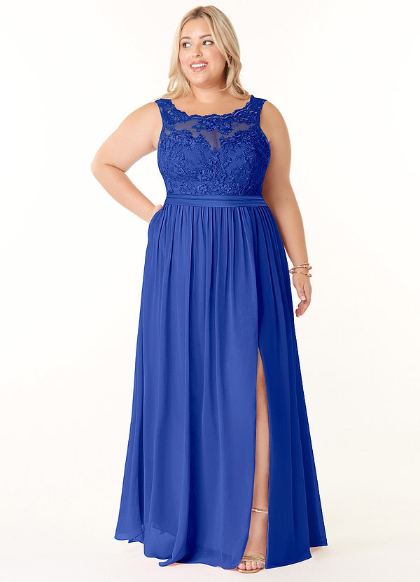Azazie Elly Abiti da Damigella Abito A-Line in Chiffon Scollo a barchetta in pizzo Blu Reale image1