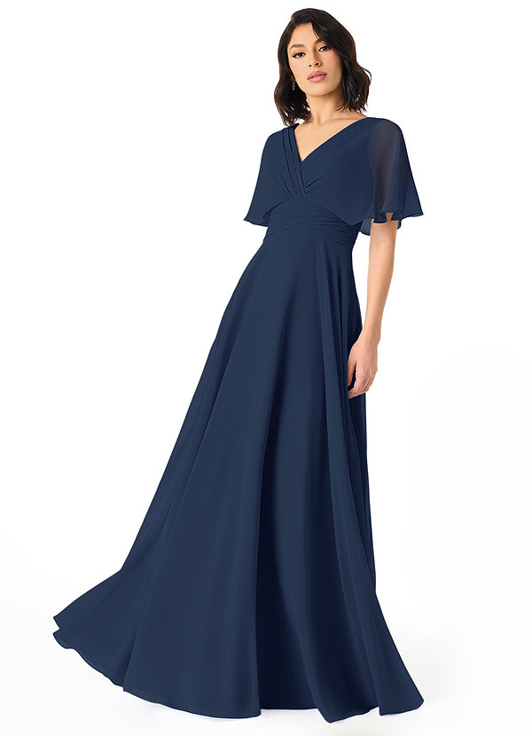 Azazie Pamela Bridesmaid Dresses Dark Navy A-Line V-Neck Pleated Chiffon Dress image1