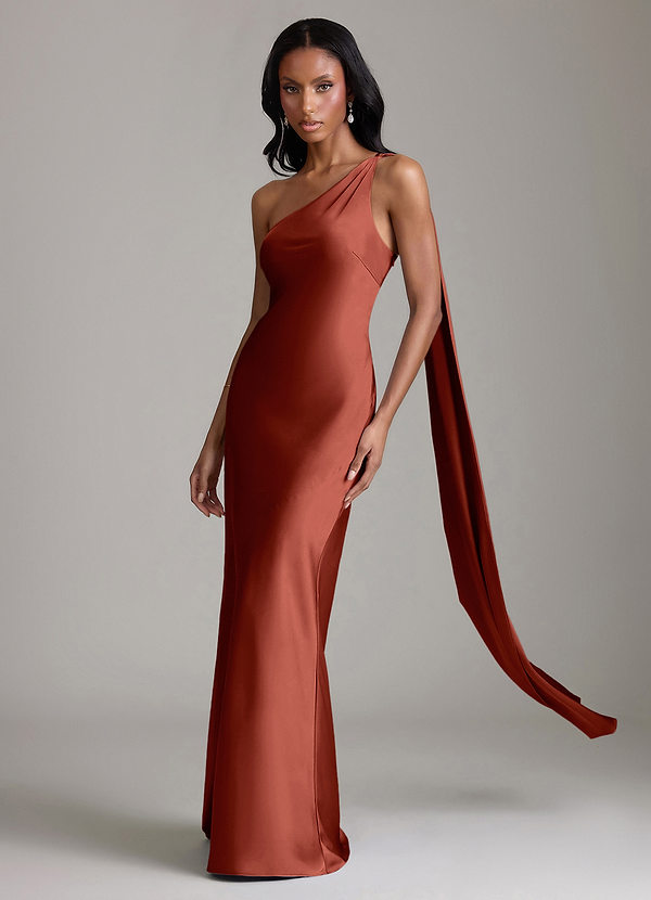 Azazie Juniper Suknie dla druhen Syrena Jedno ramię Satyna elastyczna Do ziemi Sukienka image1