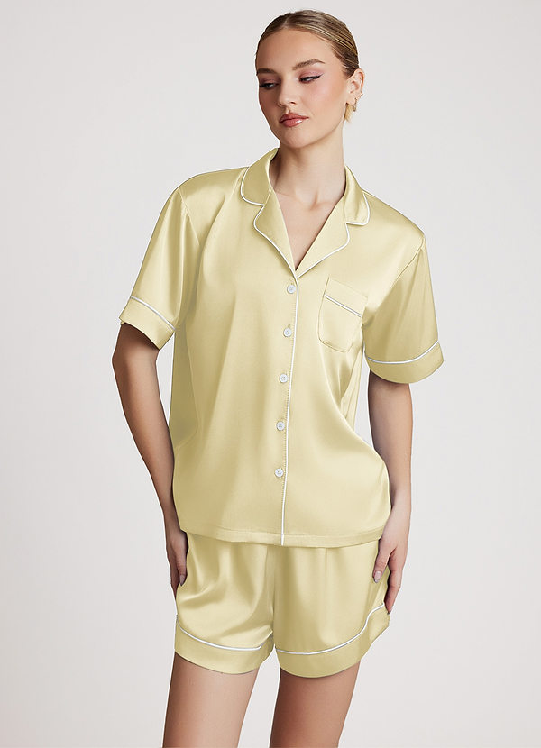 front Lemon Sorbet Satin Contrast Piping Pajama Set