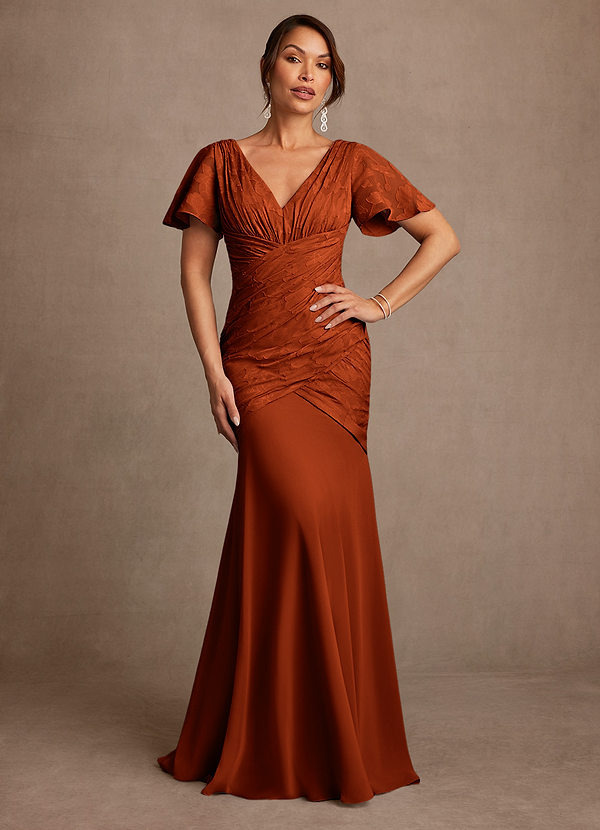 Azazie Jolene Mother of the Brides Dresses Paprika Mermaid Pleated Floral Burnout Dress image1