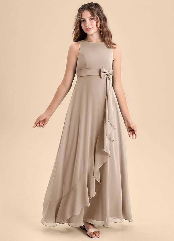 Azazie Lilenne Junior Taupe A-Line Bow Chiffon Dress image1
