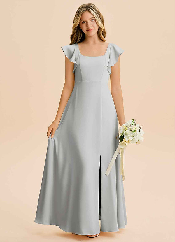 Azazie Bondi Junior Silver A-Line Side Slit Stretch Satin Dress image1