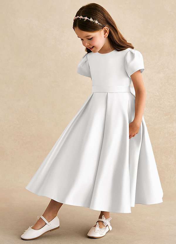Azazie Princess Flower Girl Dresses White A-Line Pleated Matte Satin Dress image1