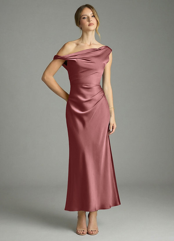 Azazie Emerson Morsiusneitojen mekot Mrenneito Olkapään ulkopuolella Joustava satiini Nilkan pituus Pukeutua image1