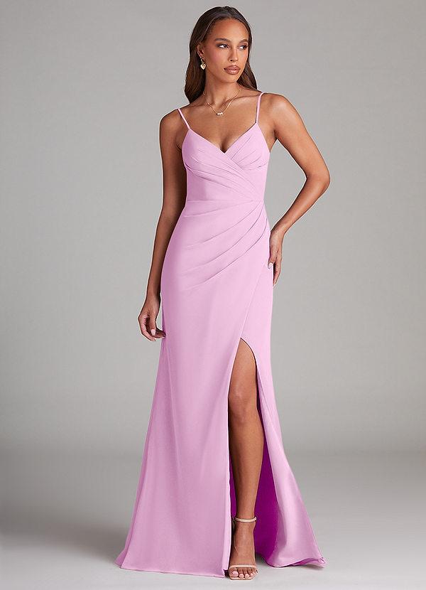 Azazie Maci Bridesmaid Dresses Candy Pink Sheath Pleated Chiffon Dress image1